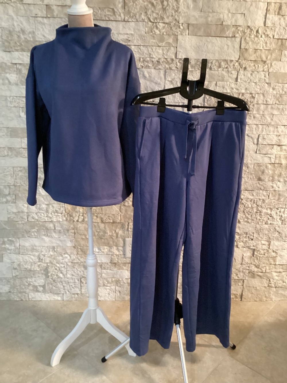 NWT Haven Well Within Loungewear Set Blue Funnel Neck Top Wide Leg Pants Large